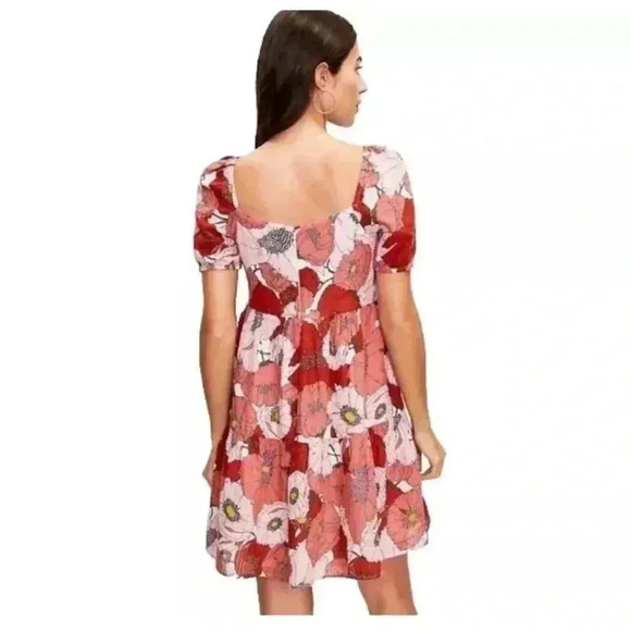 Ann Taylor Loft Coral Large Floral Poppy Square Neck Puff Sleeve Dress 4 - Picture 2 of 15